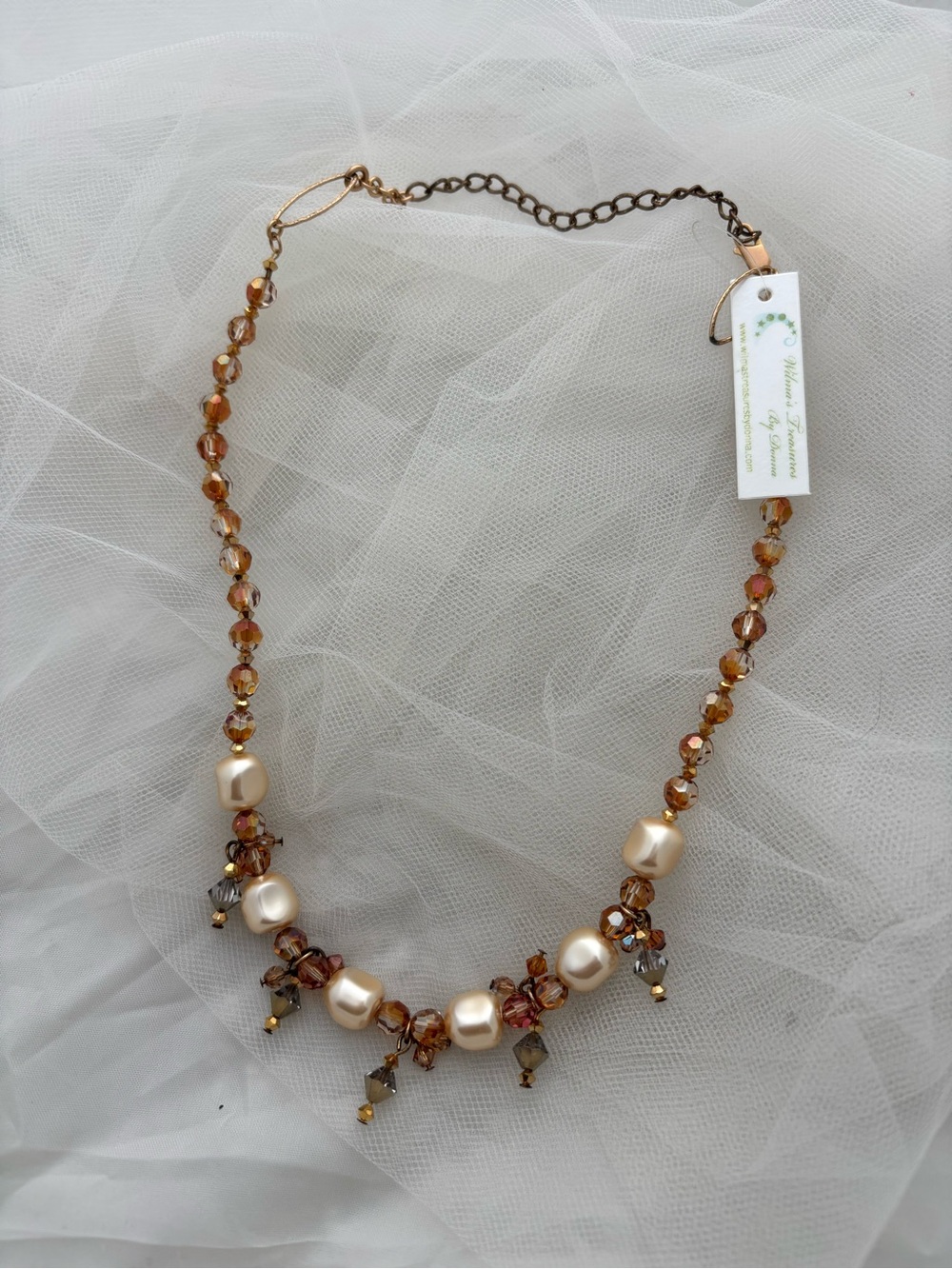 Pearl and Amber Crystal Beaded Necklace - Gold Tone